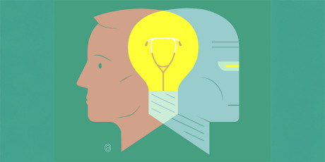 Illustratie van hoofd en robotkop met lampje met stethoscoop in het midden