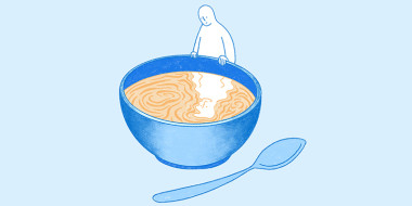 Illustratie van een persoon die in een kom soep kijkt