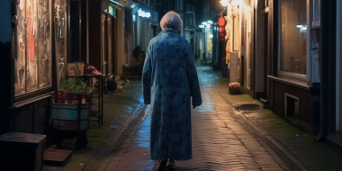 Oudere vrouw in pyjama 's nachts op straat