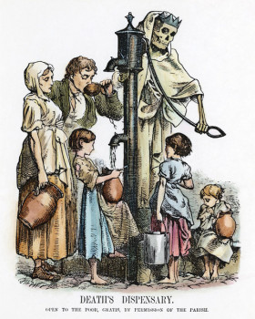 Death’s Dispensary. Amerikaanse karikatuur uit FUN (1866). Hier wordt de relatie tussen drinkwater en besmetting met cholera wel heel duidelijk gemaakt (Bron; collectie William Hofland, New York).